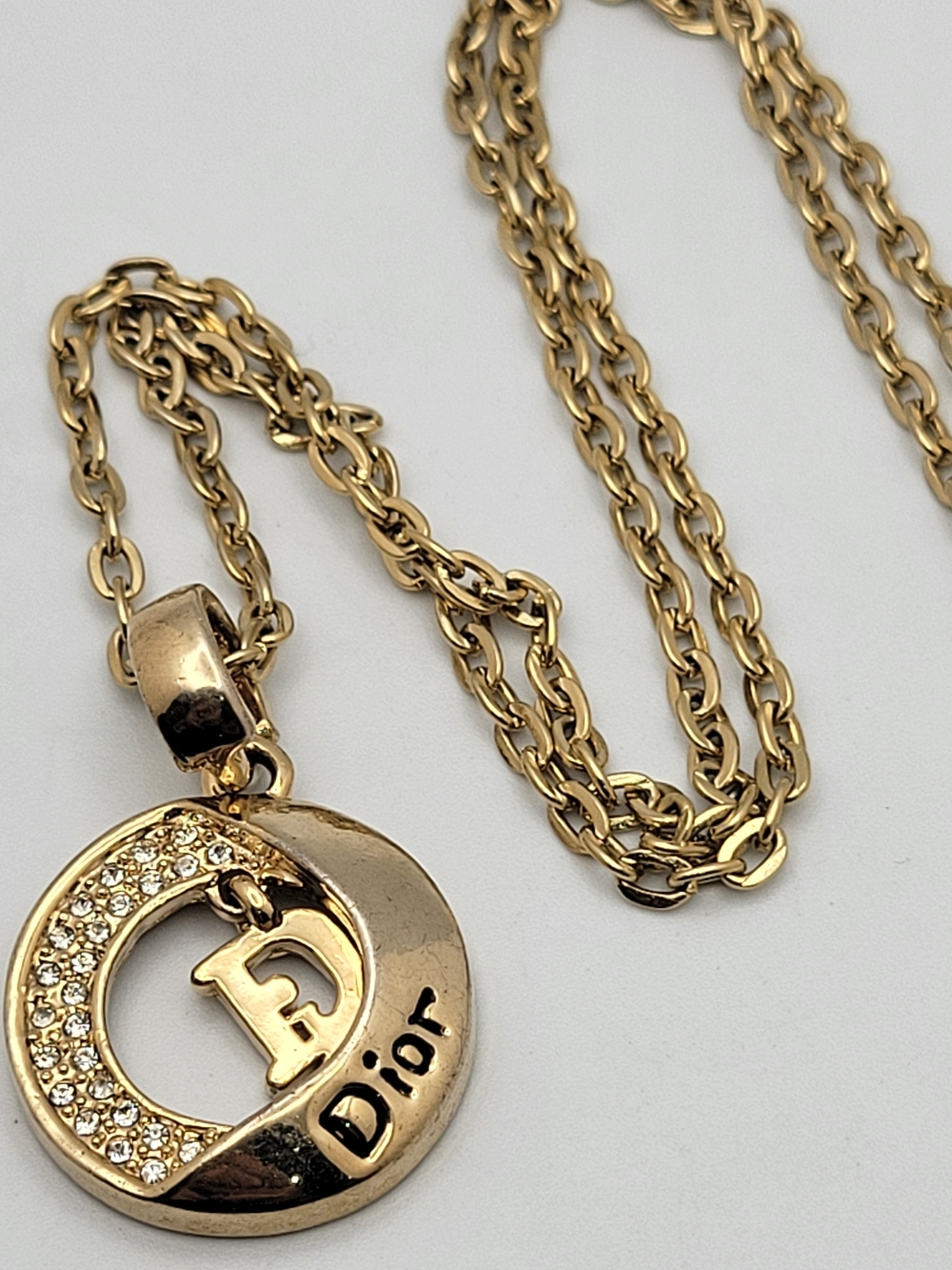 Gold-Tone Crystal-Accented 'D' Circle Pendant Necklace Costume Jewelry